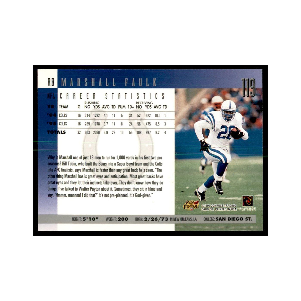 Marshall Faulk 1996 Donruss #119 Football Cards Football Card NM