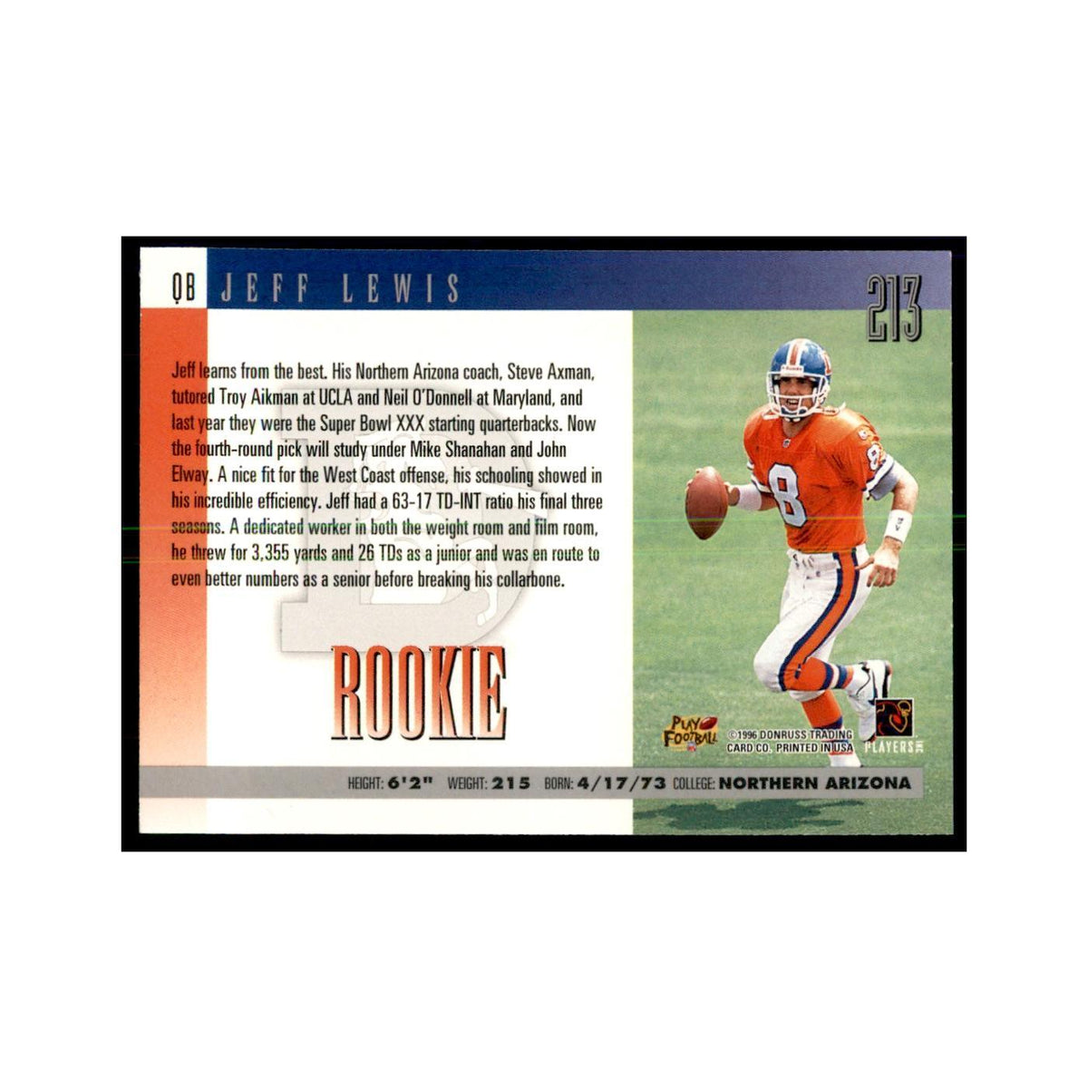 Jeff Lewis Rookie 1996 Donruss #213 Football Cards Football Card NM