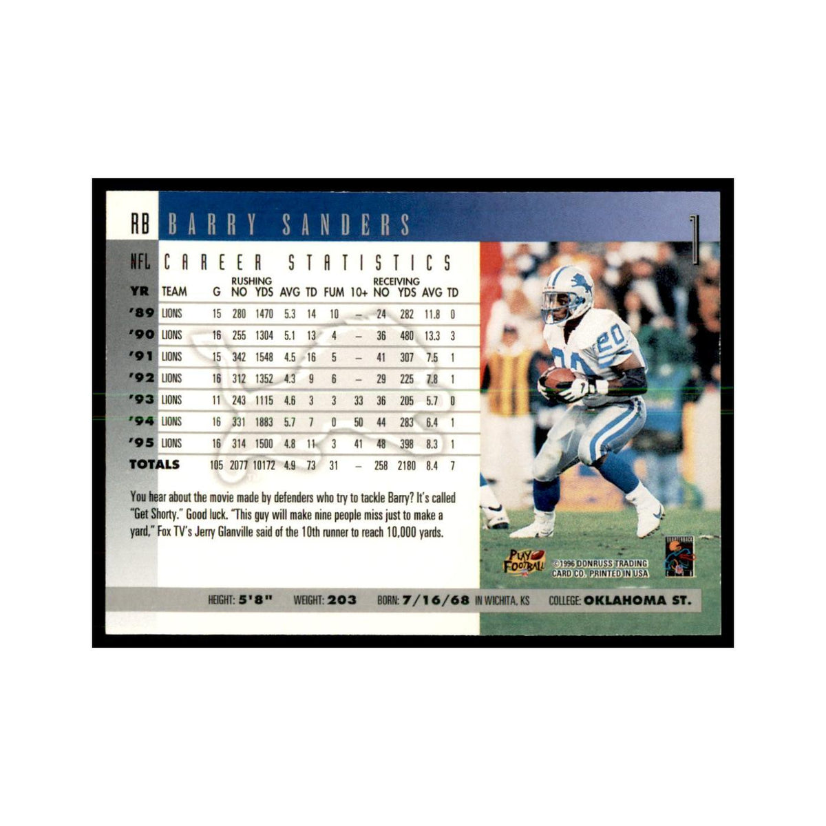 Barry Sanders 1996 Donruss #1 Football Cards Football Card NM