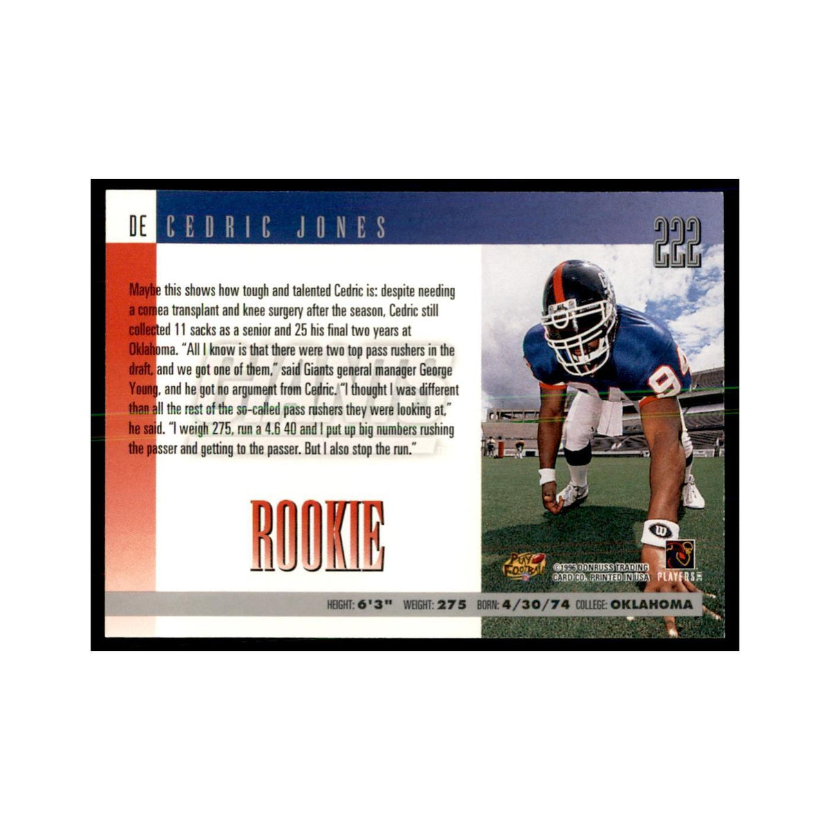 Cedric Jones Rookie 1996 Donruss #222 Football Cards Football Card NM