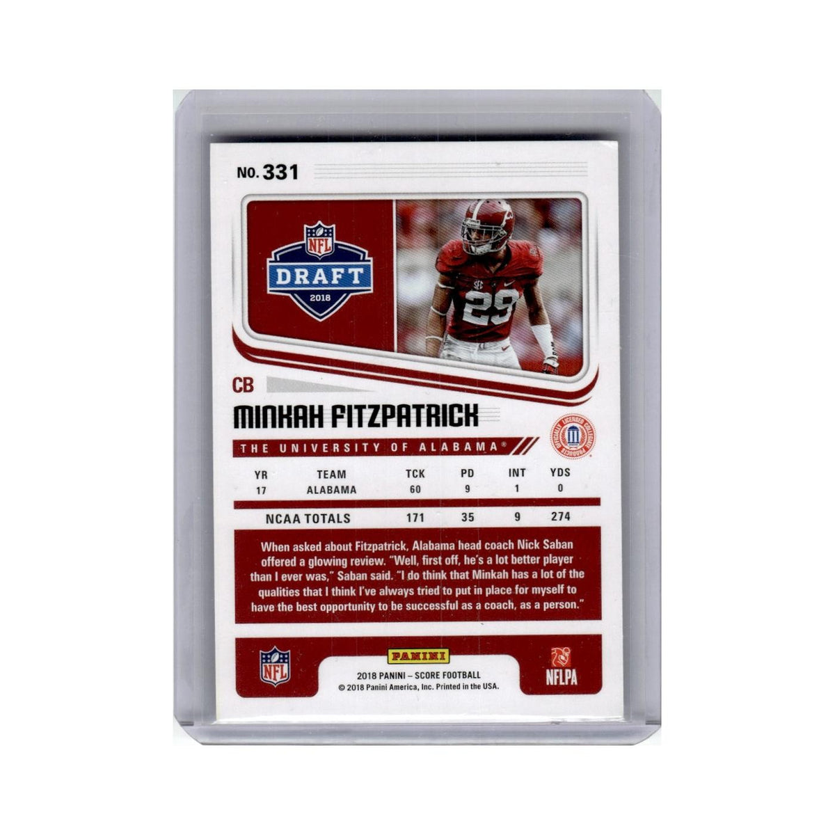 Minkah Fitzpatrick Rookie 2018 Score #331 Alabama Crimson Tide Football Card NM