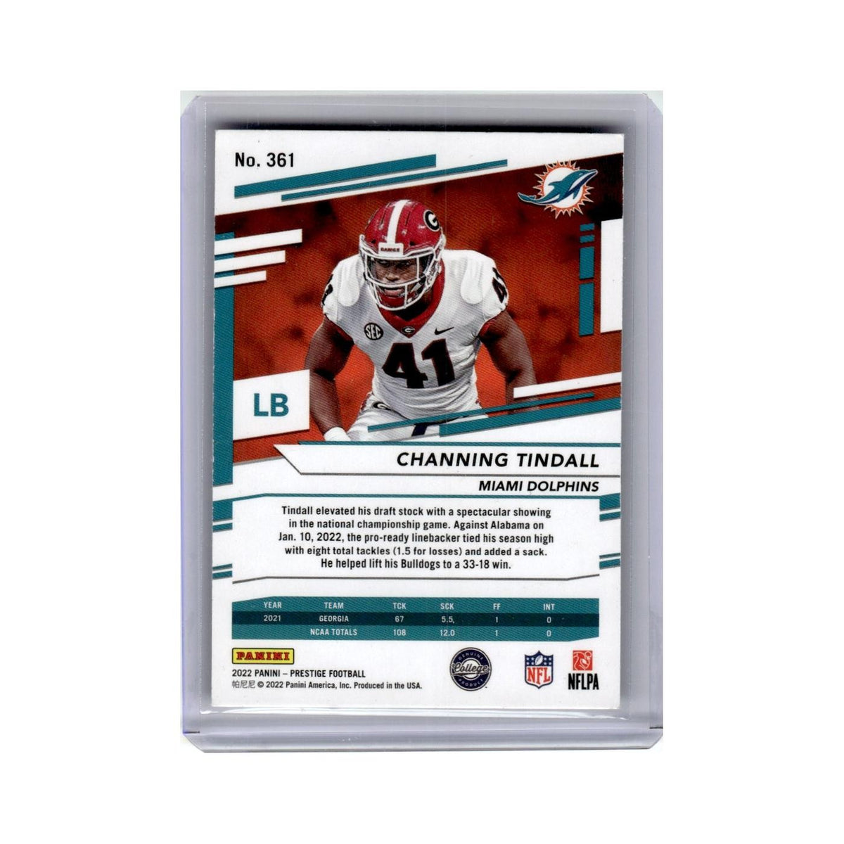 Channing Tindall Rookie 2022 Panini Prestige Xtra Points #361 Miami Dolphins NM