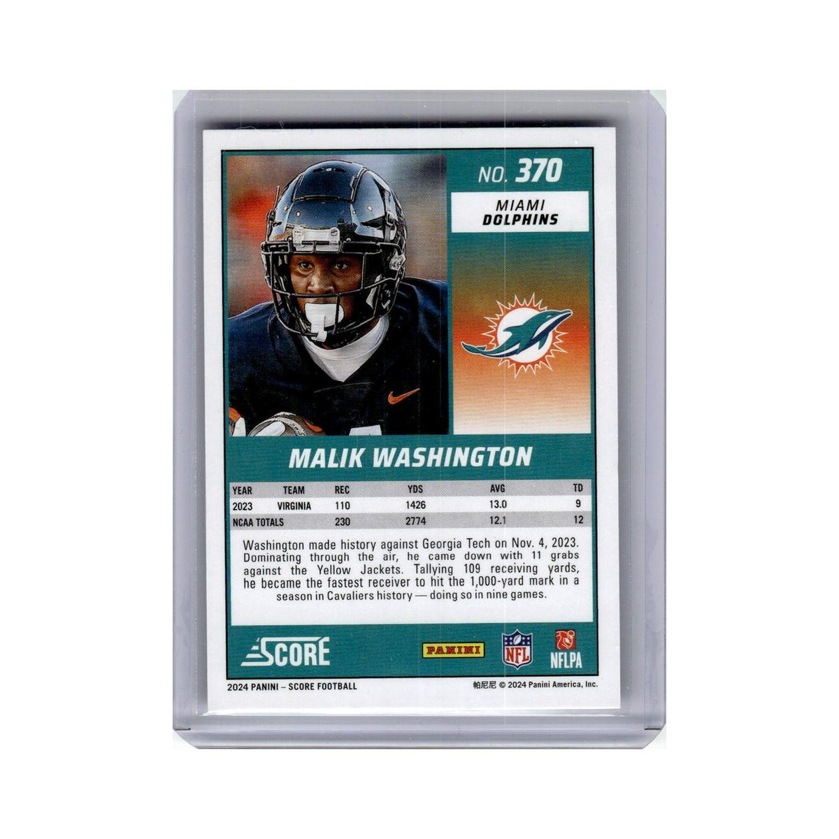 Malik Washington Rookie 2024 Score #370 Miami Dolphins Football Card NM