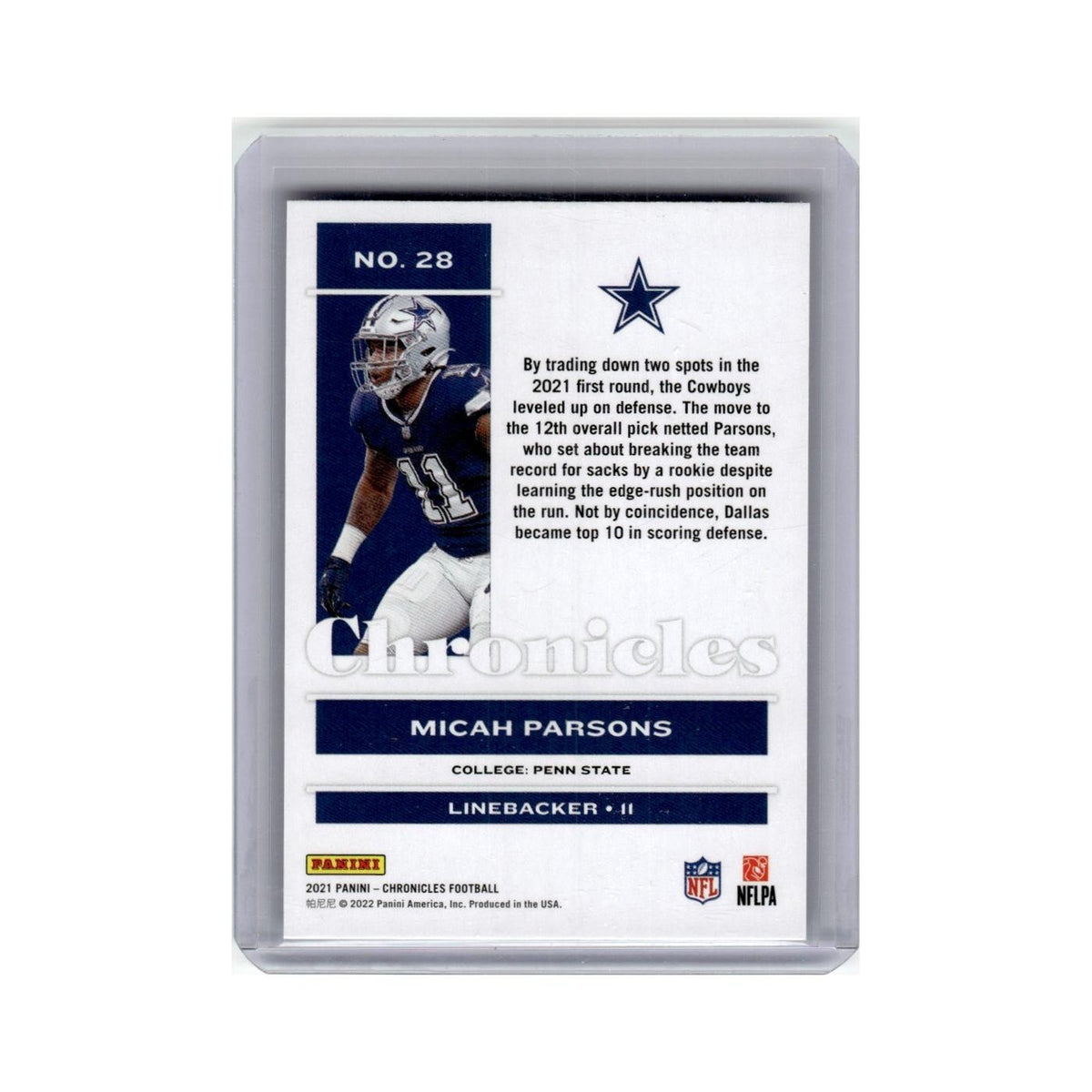 Micah Parsons Rookie 2021 Panini Chronicles #28 Dallas Cowboys Football Card NM