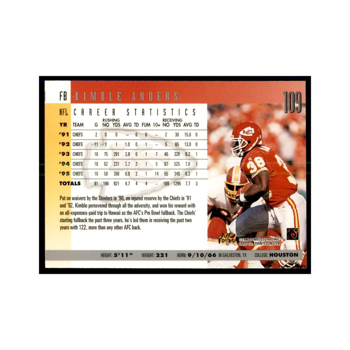 Kimble Anders 1996 Donruss #109 Football Cards Football Card NM