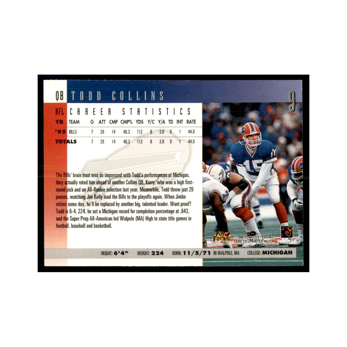 Todd Collins 1996 Donruss #9 Football Cards Football Card NM