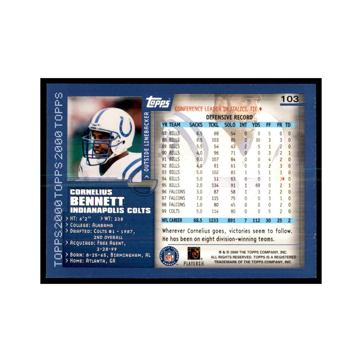 Cornelius Bennett 2000 Topps #103 Football Cards Football Card NM