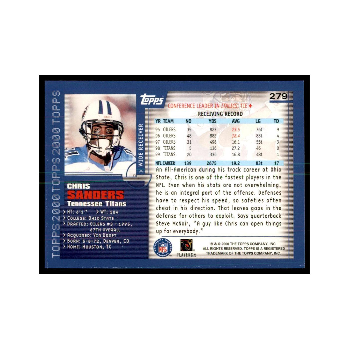 Chris Sanders 2000 Topps #279 Football Cards Football Card NM