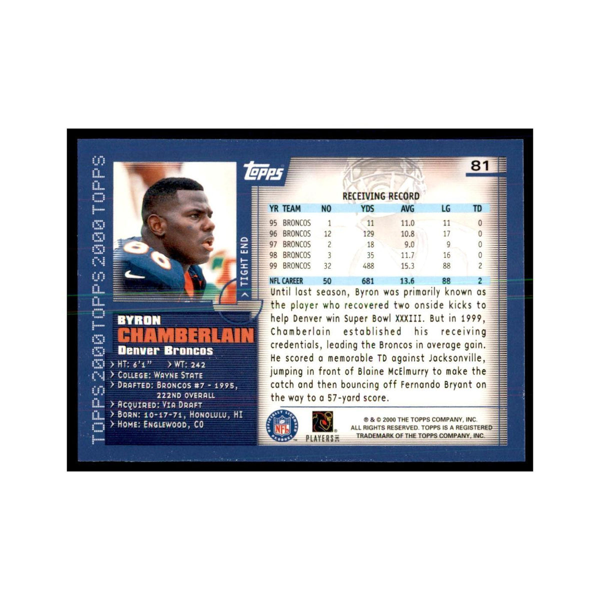 Byron Chamberlain 2000 Topps #81 Football Cards Football Card NM