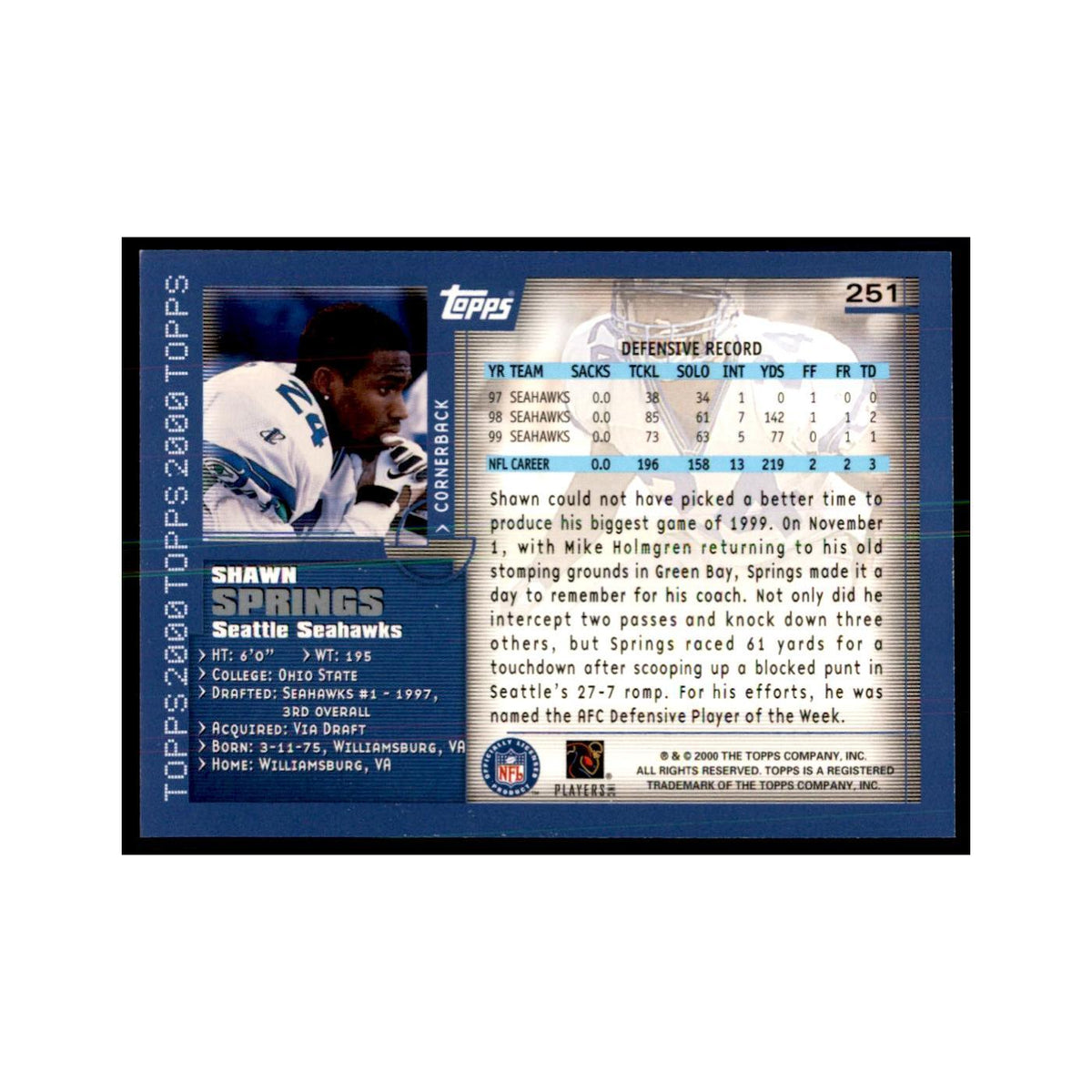 Shawn Springs 2000 Topps #251 Football Cards Football Card NM