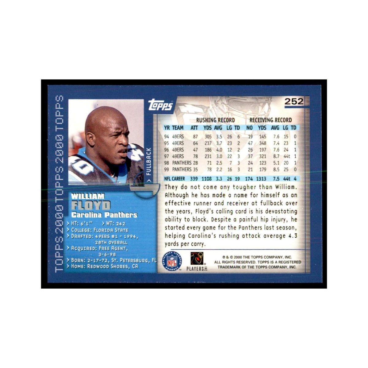 William Floyd 2000 Topps #252 Football Cards Football Card NM