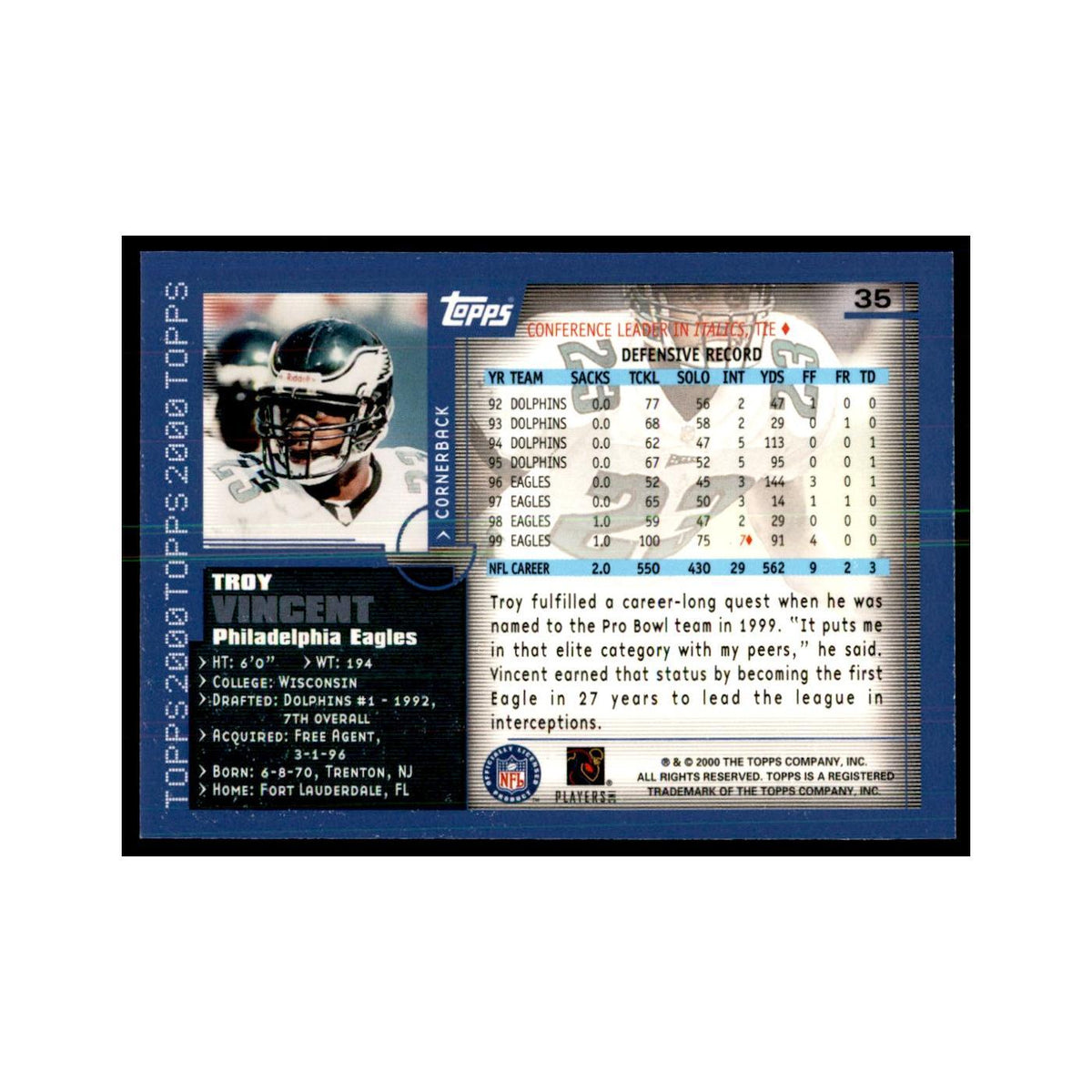 Troy Vincent 2000 Topps #35 Football Cards Football Card NM
