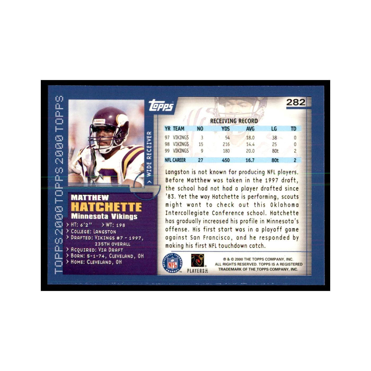 Matthew Hatchette 2000 Topps #282 Football Cards Football Card NM