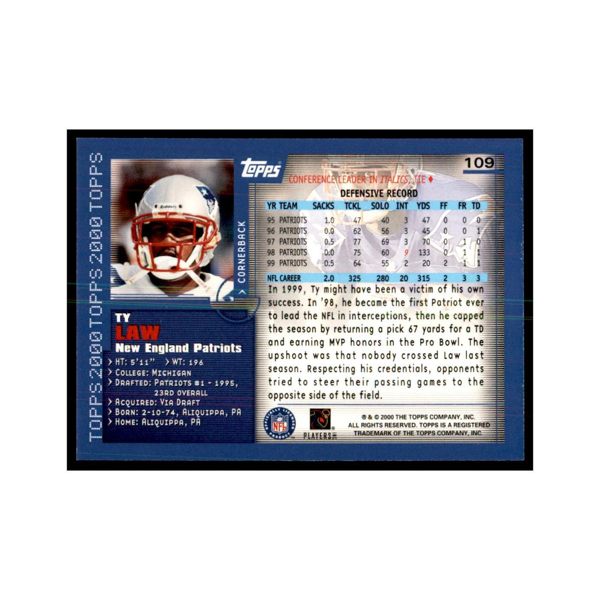 Ty Law 2000 Topps #109 Football Cards Football Card NM