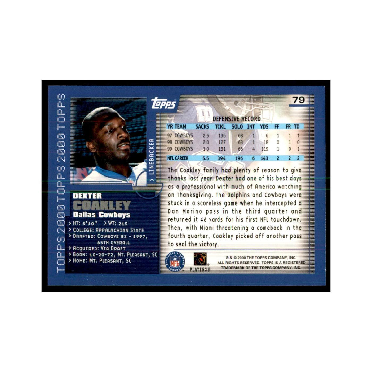 Dexter Coakley 2000 Topps #79 Football Cards Football Card NM