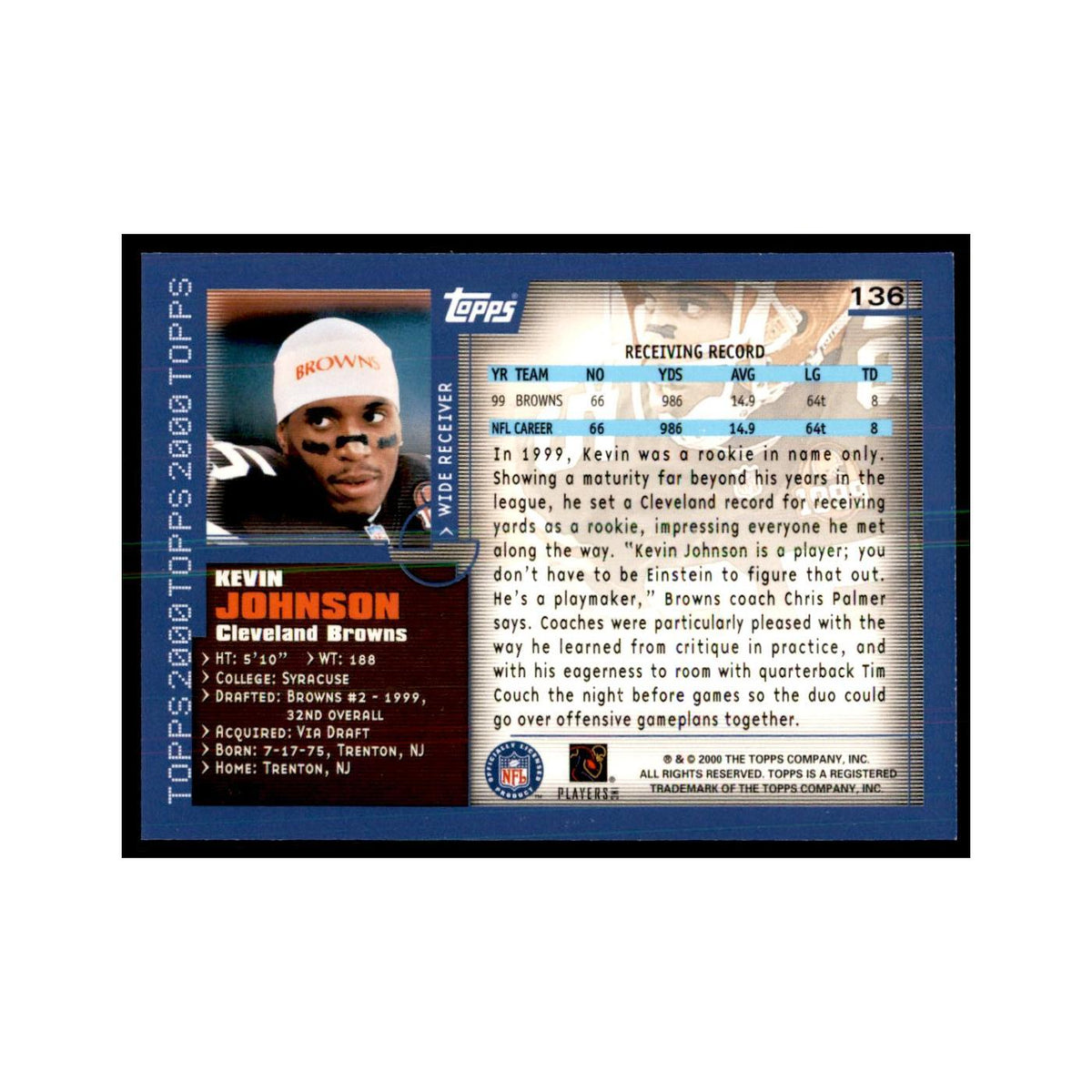 Kevin Johnson 2000 Topps #136 Football Cards Football Card NM