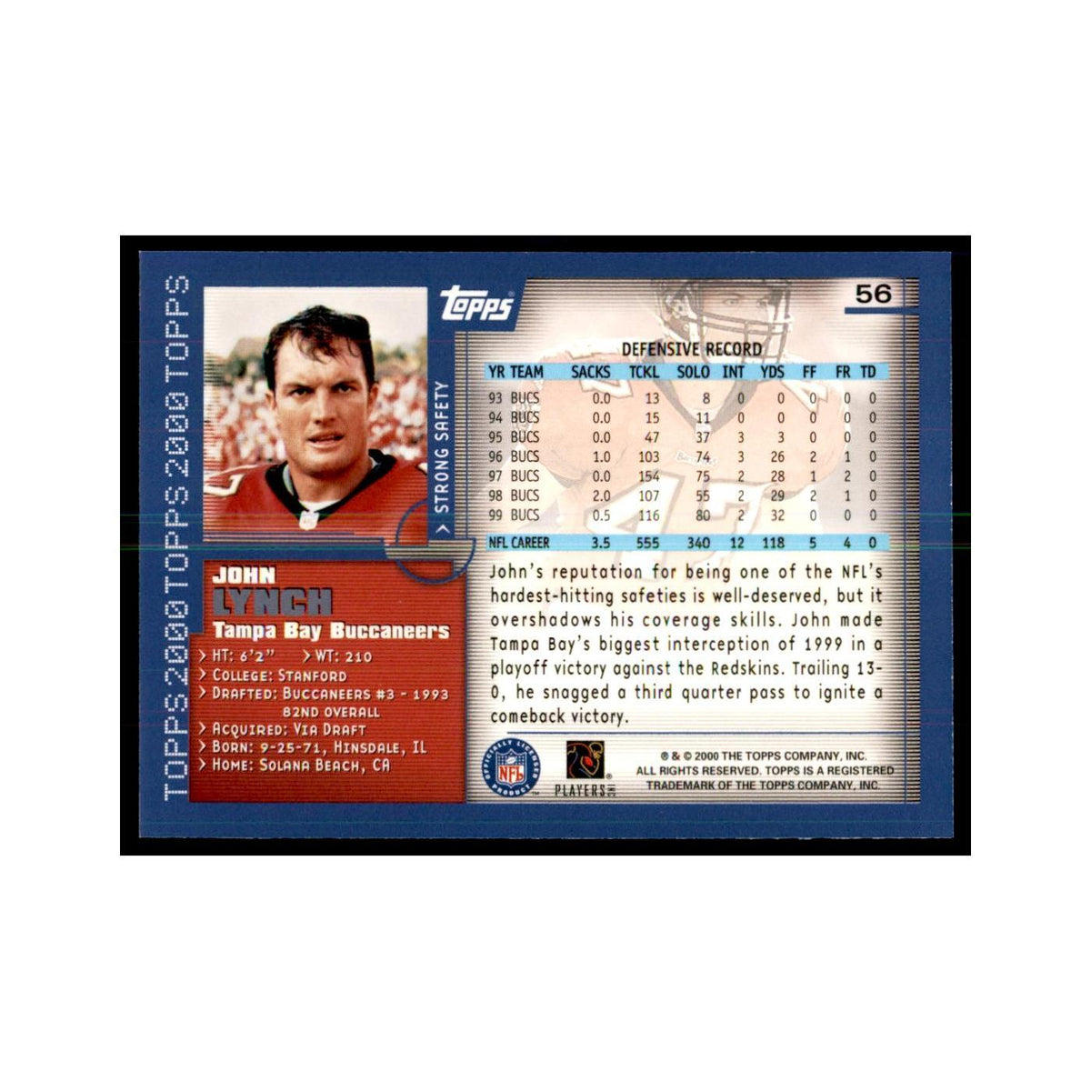 John Lynch 2000 Topps #56 Football Cards Football Card NM