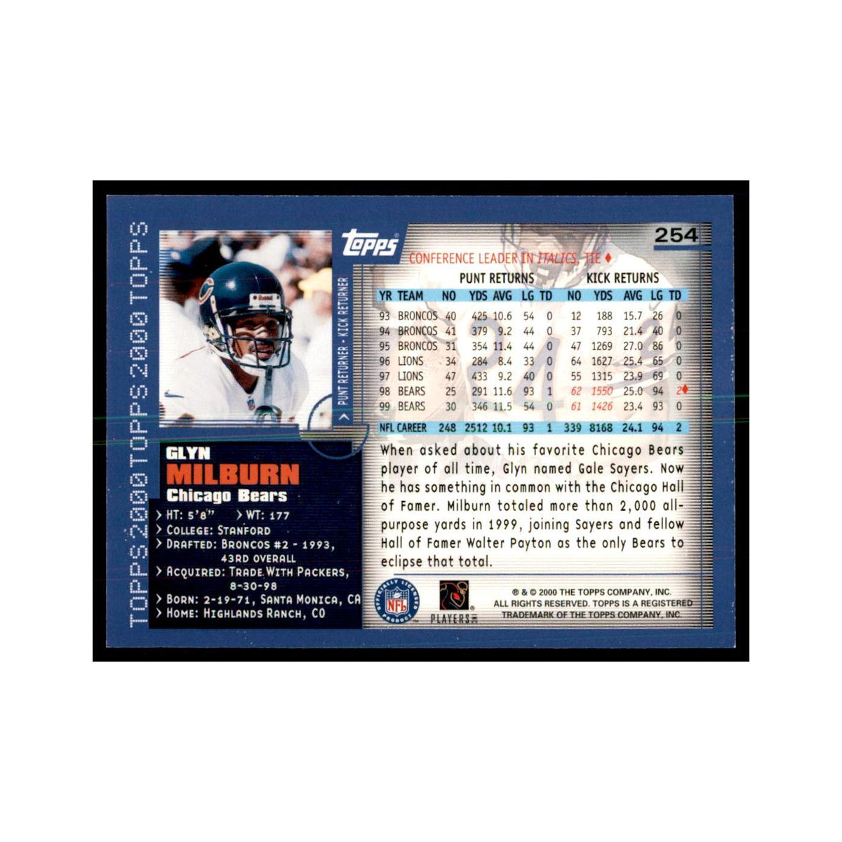 Glyn Milburn 2000 Topps #254 Football Cards Football Card NM