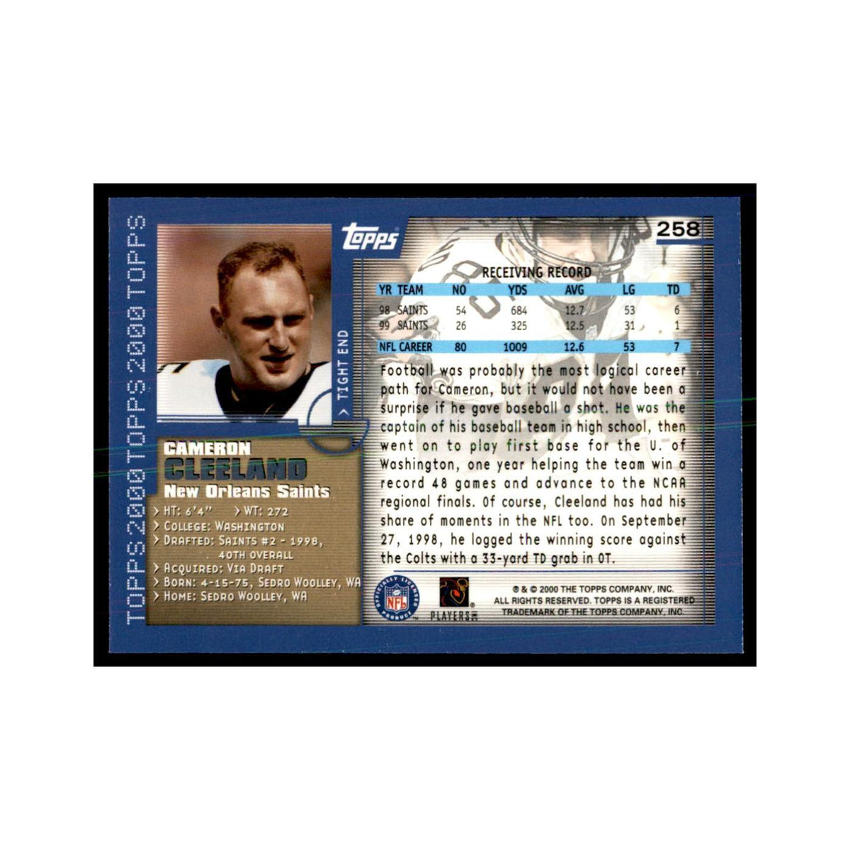 Cameron Cleeland 2000 Topps #258 Football Cards Football Card NM