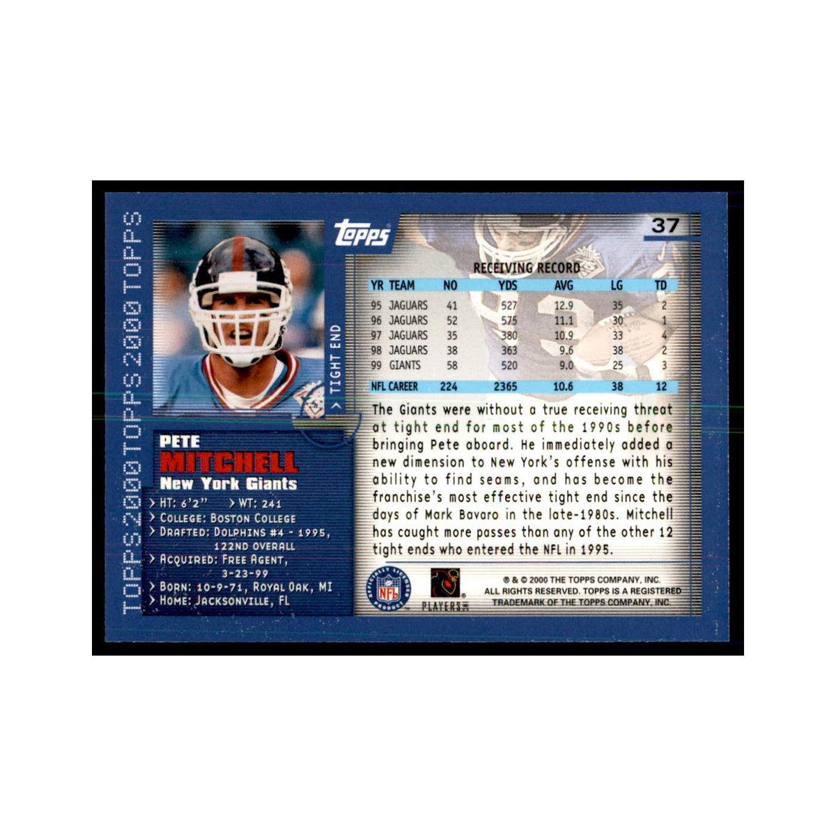 Pete Mitchell 2000 Topps #37 Football Cards Football Card NM