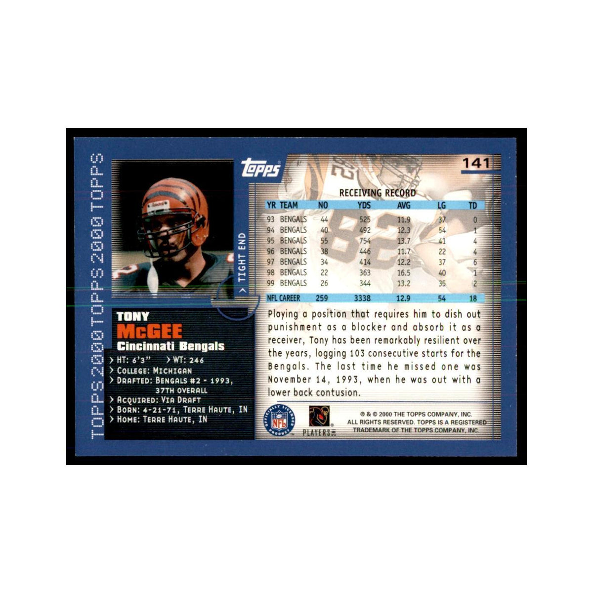Tony McGee 2000 Topps #141 Football Cards Football Card NM