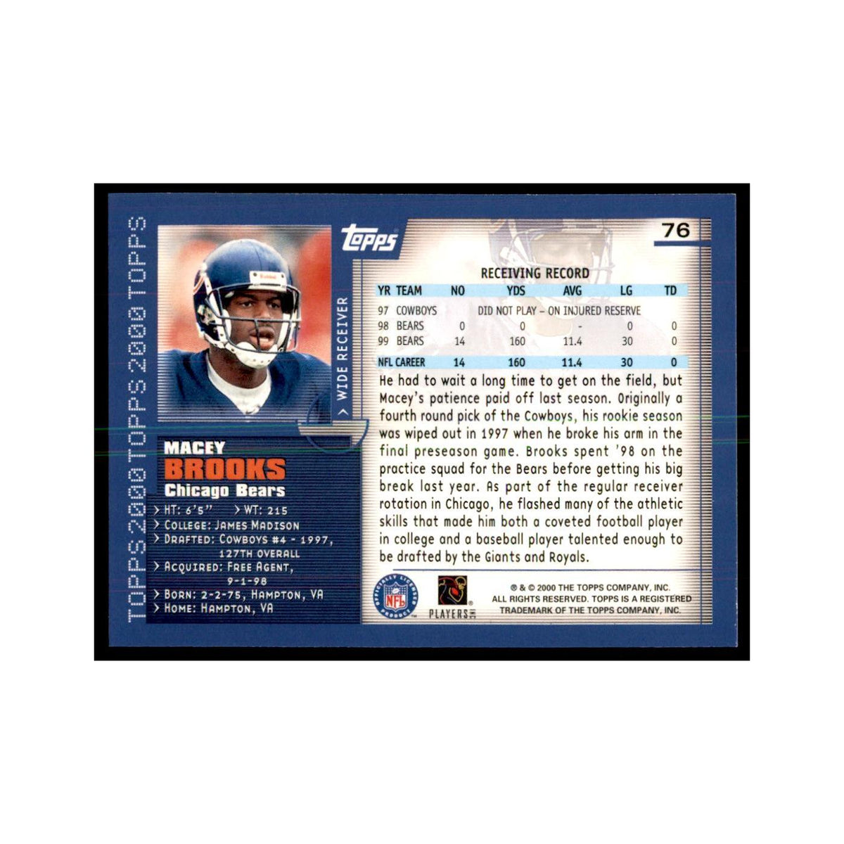 Macey Brooks 2000 Topps #76 Football Cards Football Card NM
