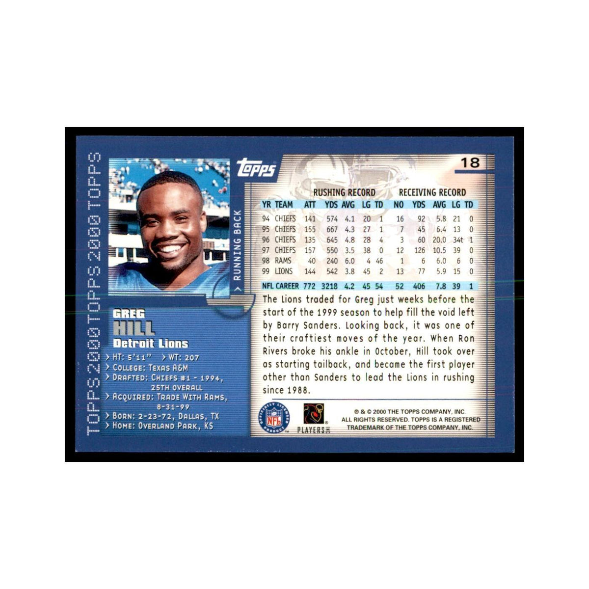 Greg Hill 2000 Topps #18 Football Cards Football Card NM
