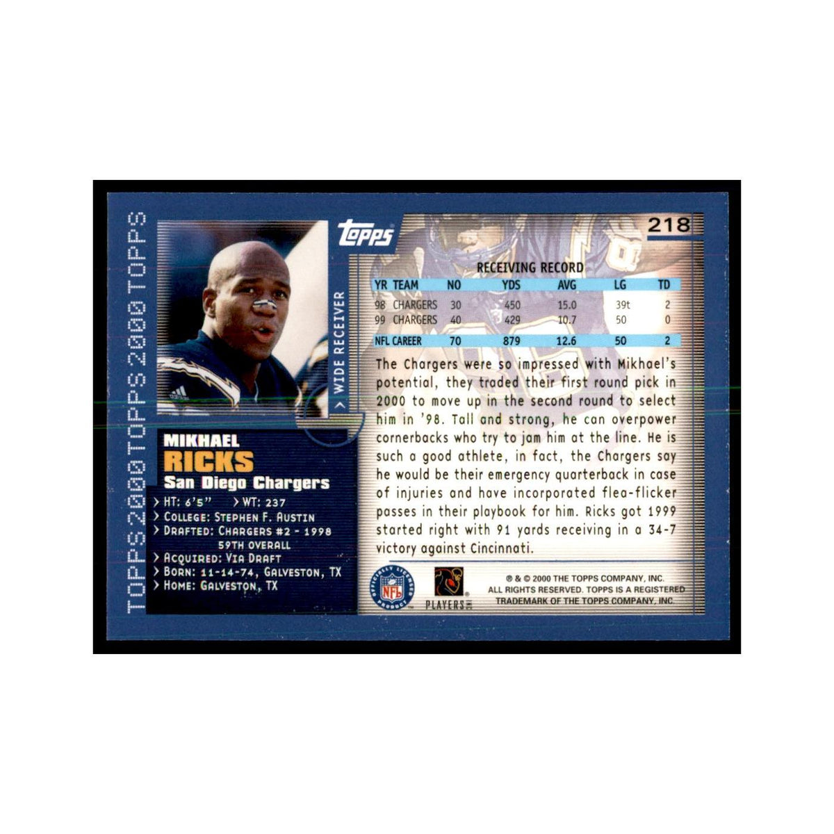 Mikhael Ricks 2000 Topps #218 Football Cards Football Card NM