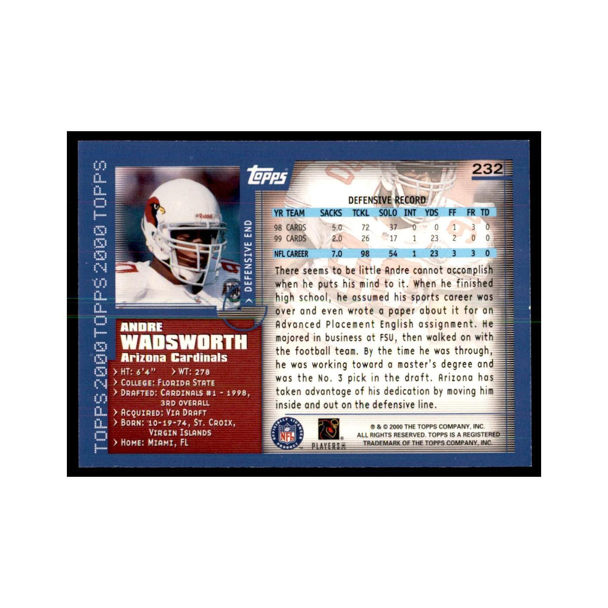 Andre Wadsworth 2000 Topps #232 Football Cards Football Card NM
