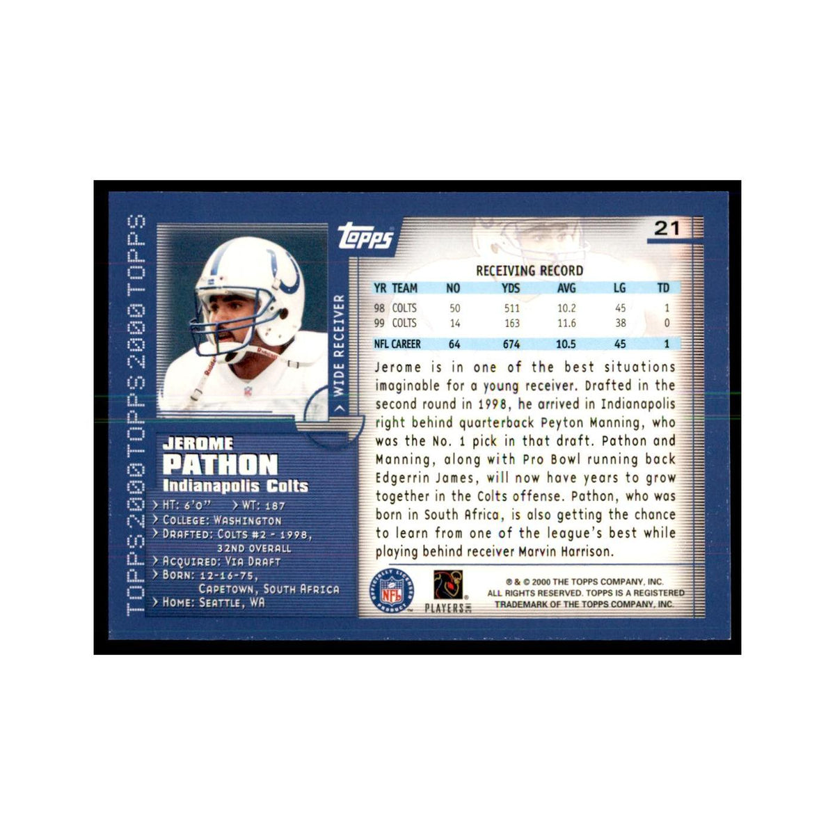 Jerome Pathon 2000 Topps #21 Football Cards Football Card NM