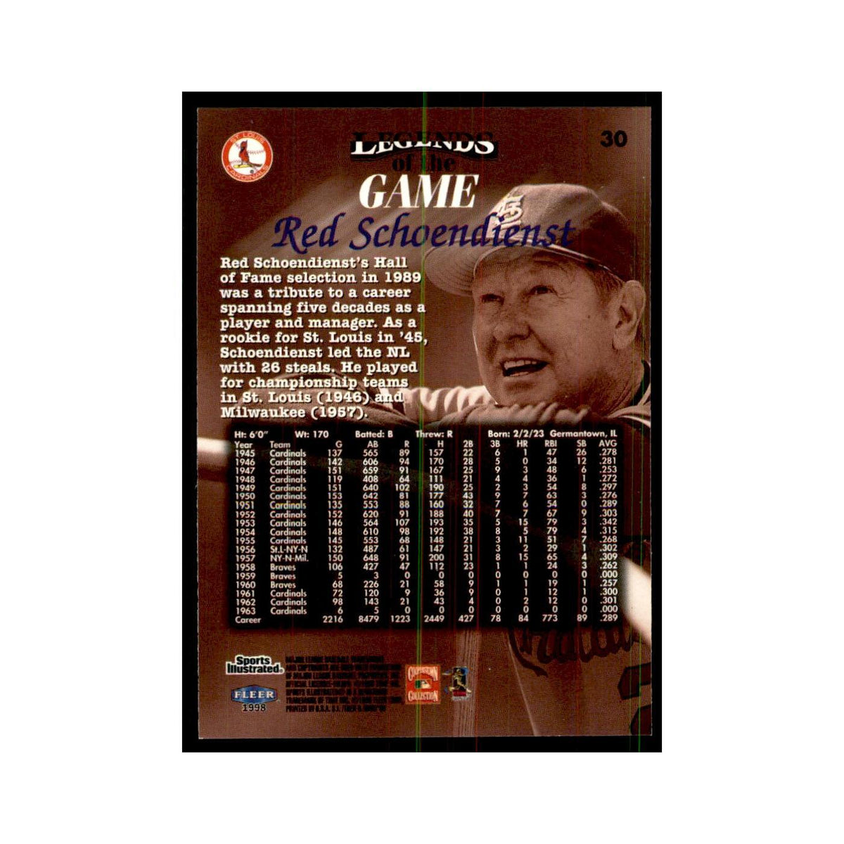 Red Schoendienst 1998 Fleer Legends of the Game #30 Baseball Cards NM