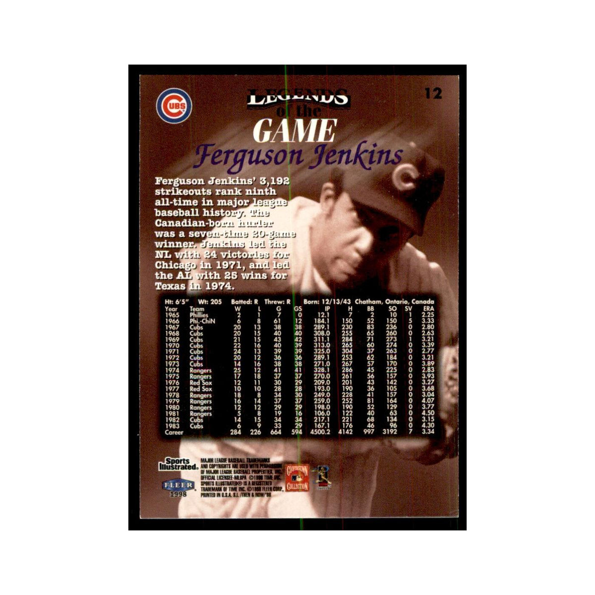Ferguson Jenkins 1998 Fleer Legends of the Game #12 Baseball Cards NM