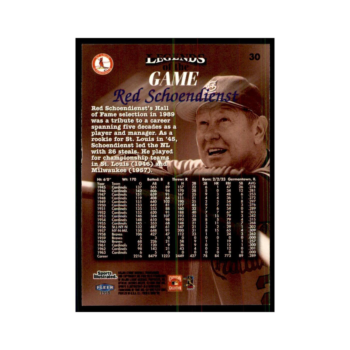 Red Schoendienst 1998 Fleer Legends of the Game #30 Baseball Cards NM