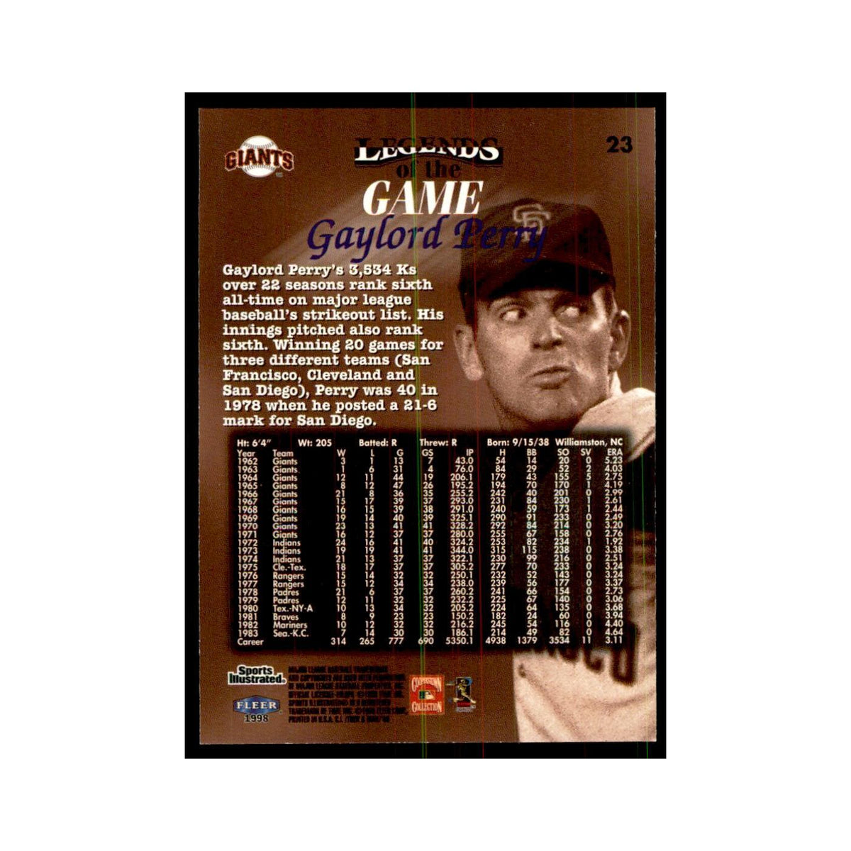 Gaylord Perry 1998 Fleer Legends of the Game #23 Baseball Cards Baseball Card NM