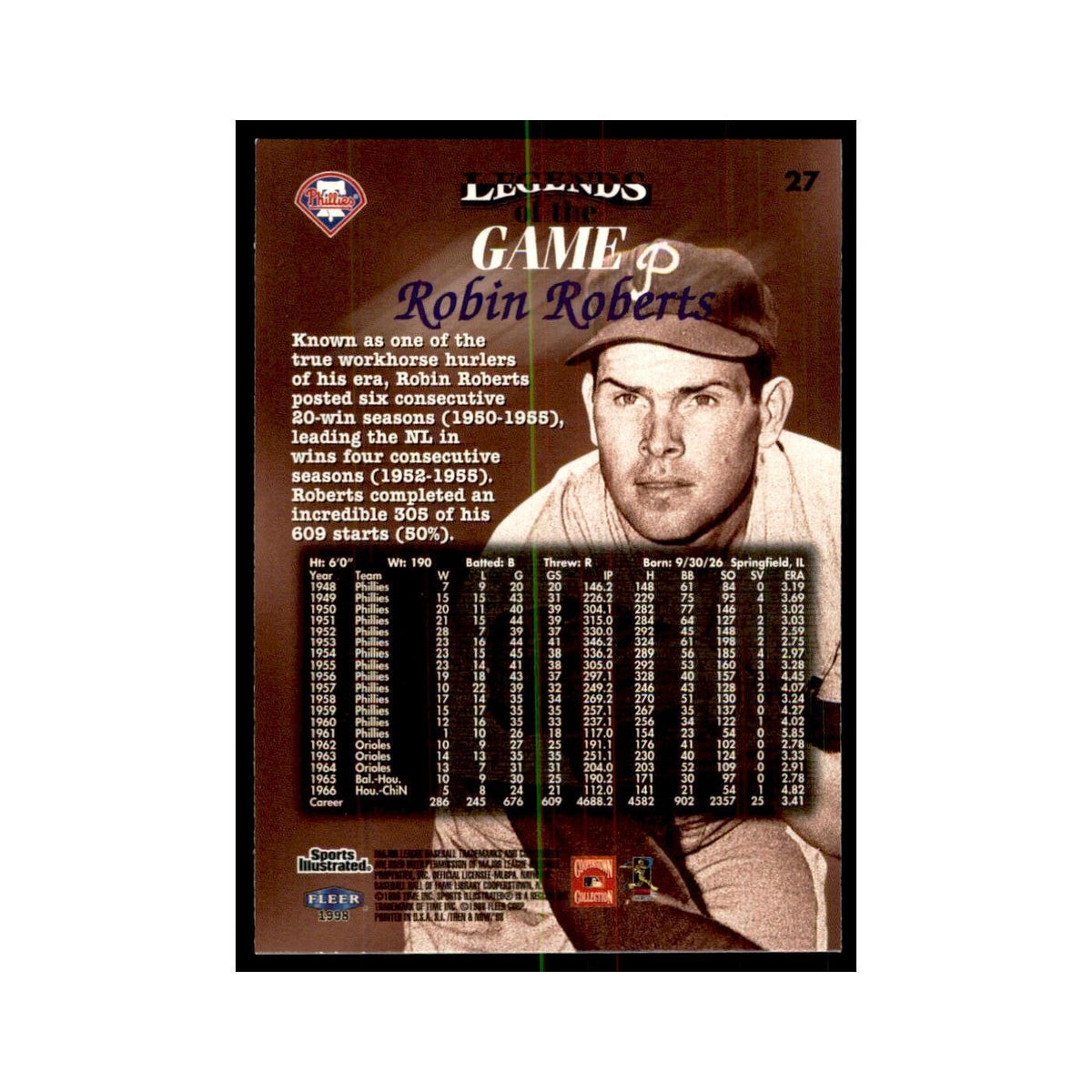 Robin Roberts 1998 Fleer Legends of the Game #27 Baseball Cards Baseball Card NM