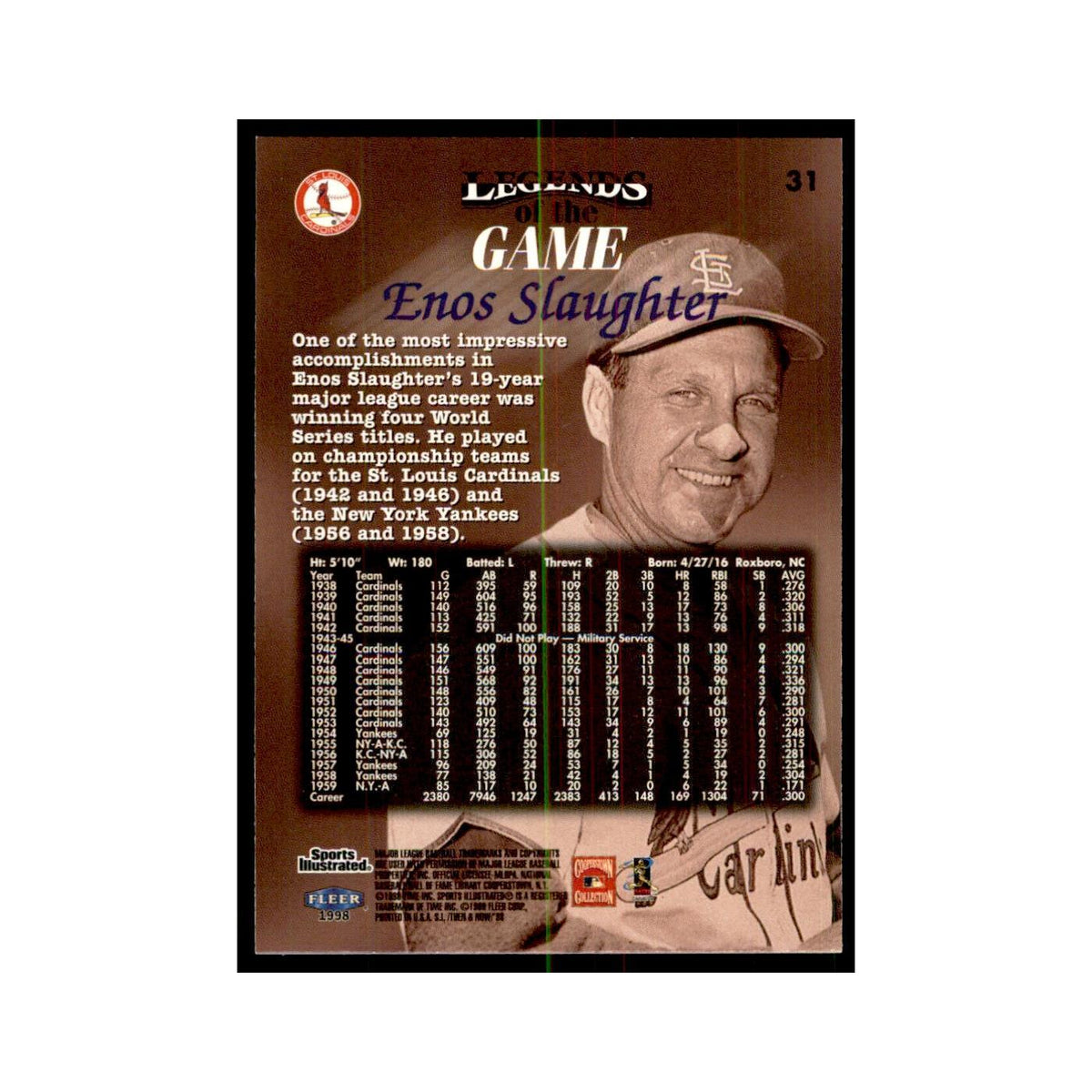Enos Slaughter 1998 Fleer Legends of the Game #31 Baseball Cards NM