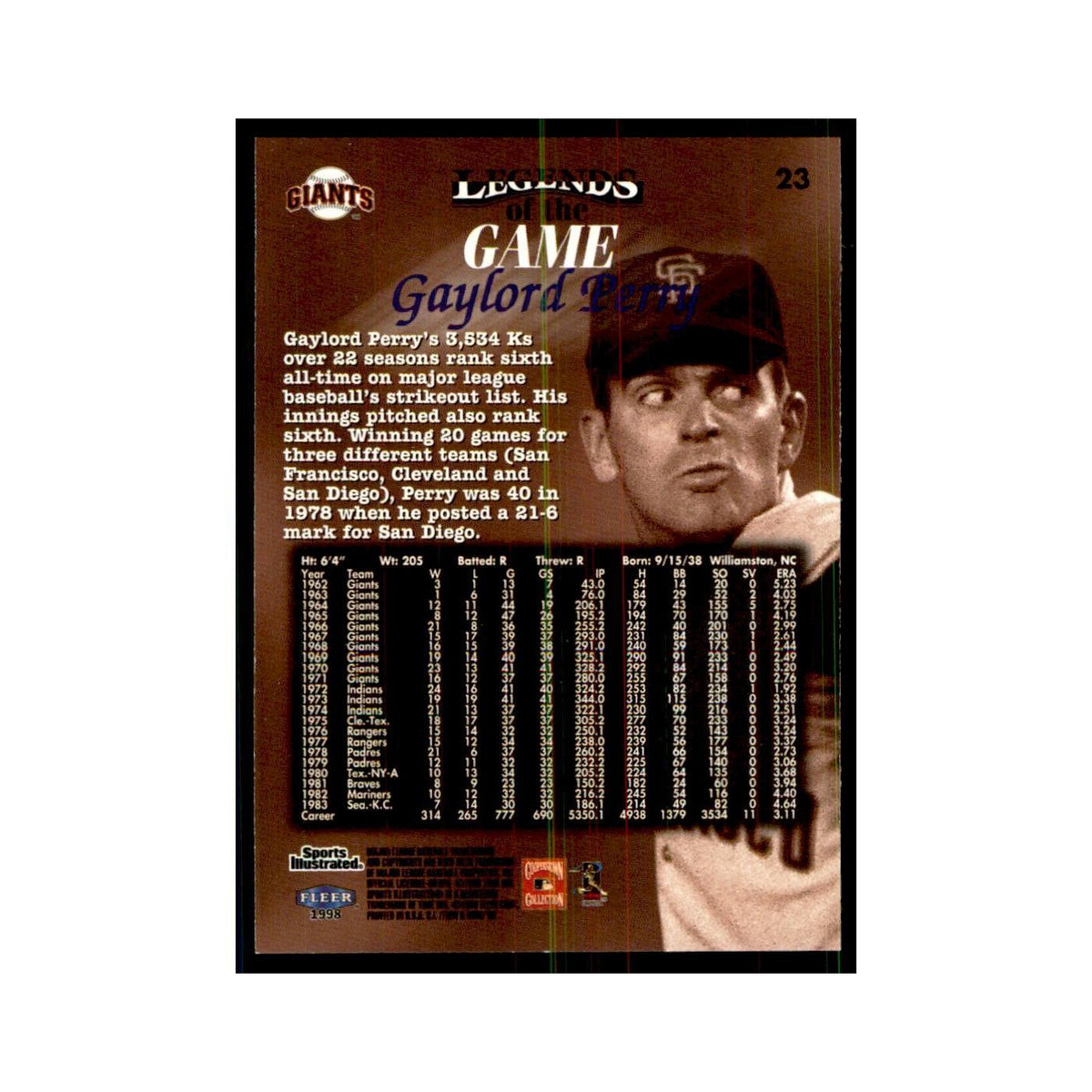 Gaylord Perry 1998 Fleer Legends of the Game #23 Baseball Cards Baseball Card NM