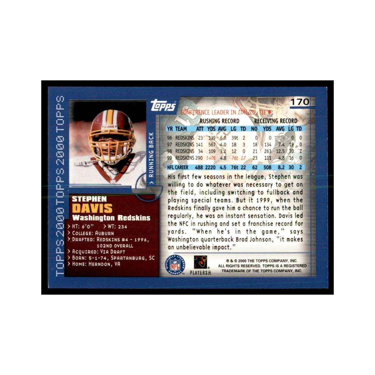 Stephen Davis 2000 Topps #170 Football Cards Football Card NM