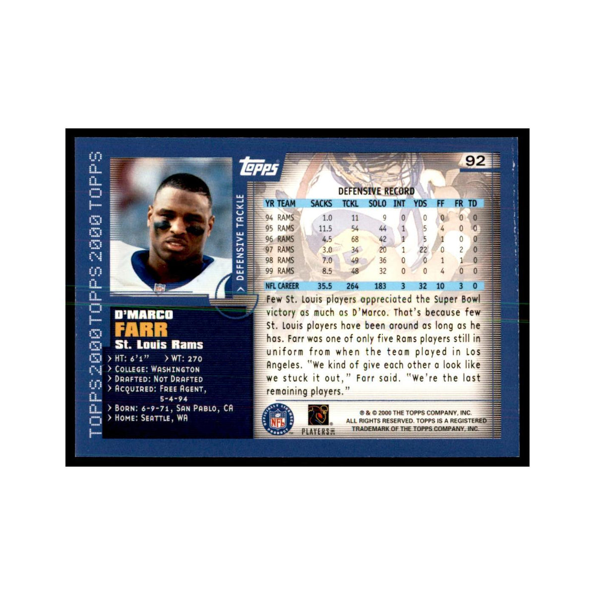 D'Marco Farr 2000 Topps #92 Football Cards Football Card NM