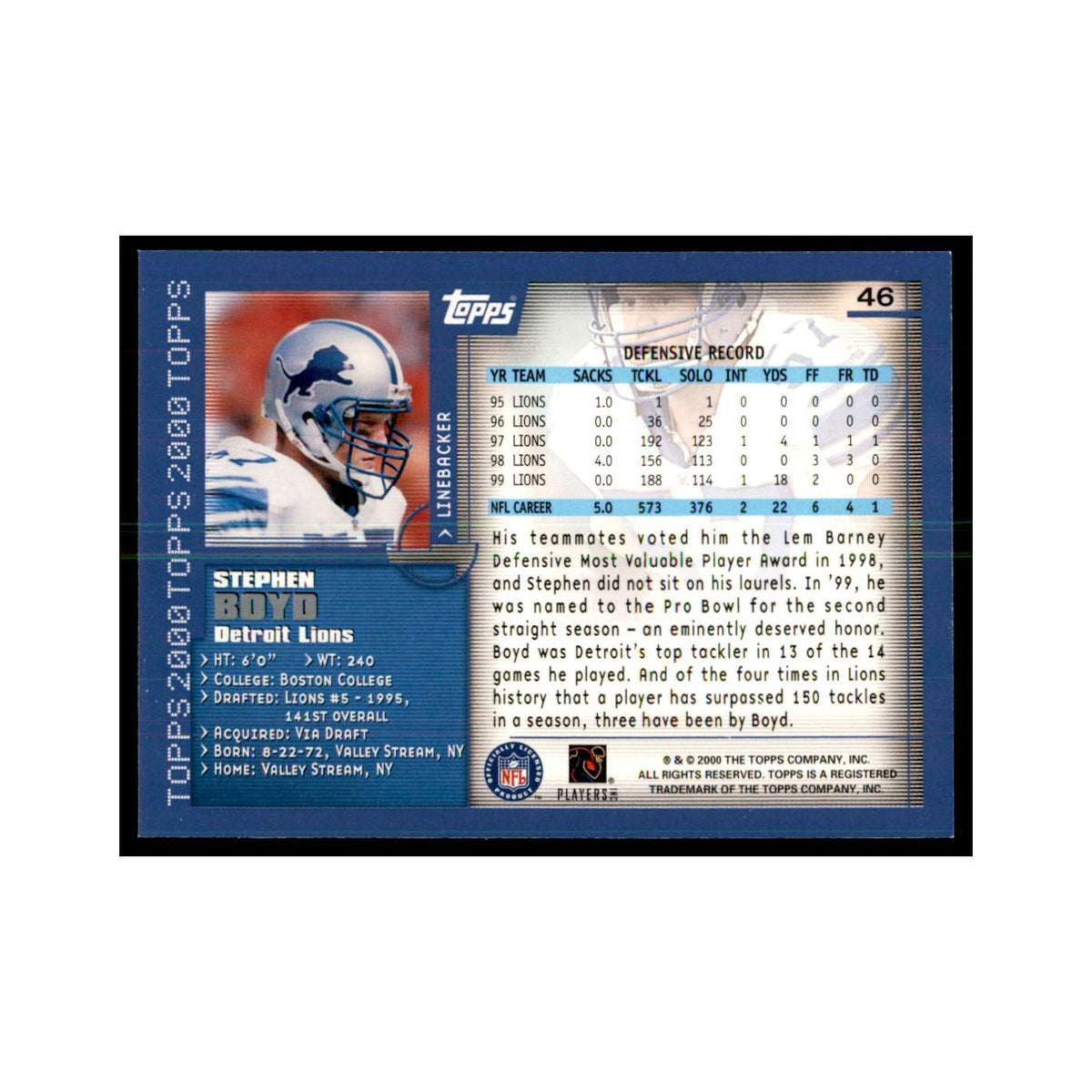 Stephen Boyd 2000 Topps #46 Football Cards Football Card NM