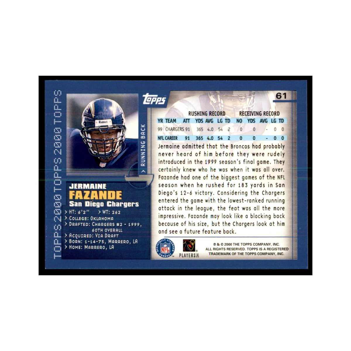 Jermaine Fazande 2000 Topps #61 Football Cards Football Card NM