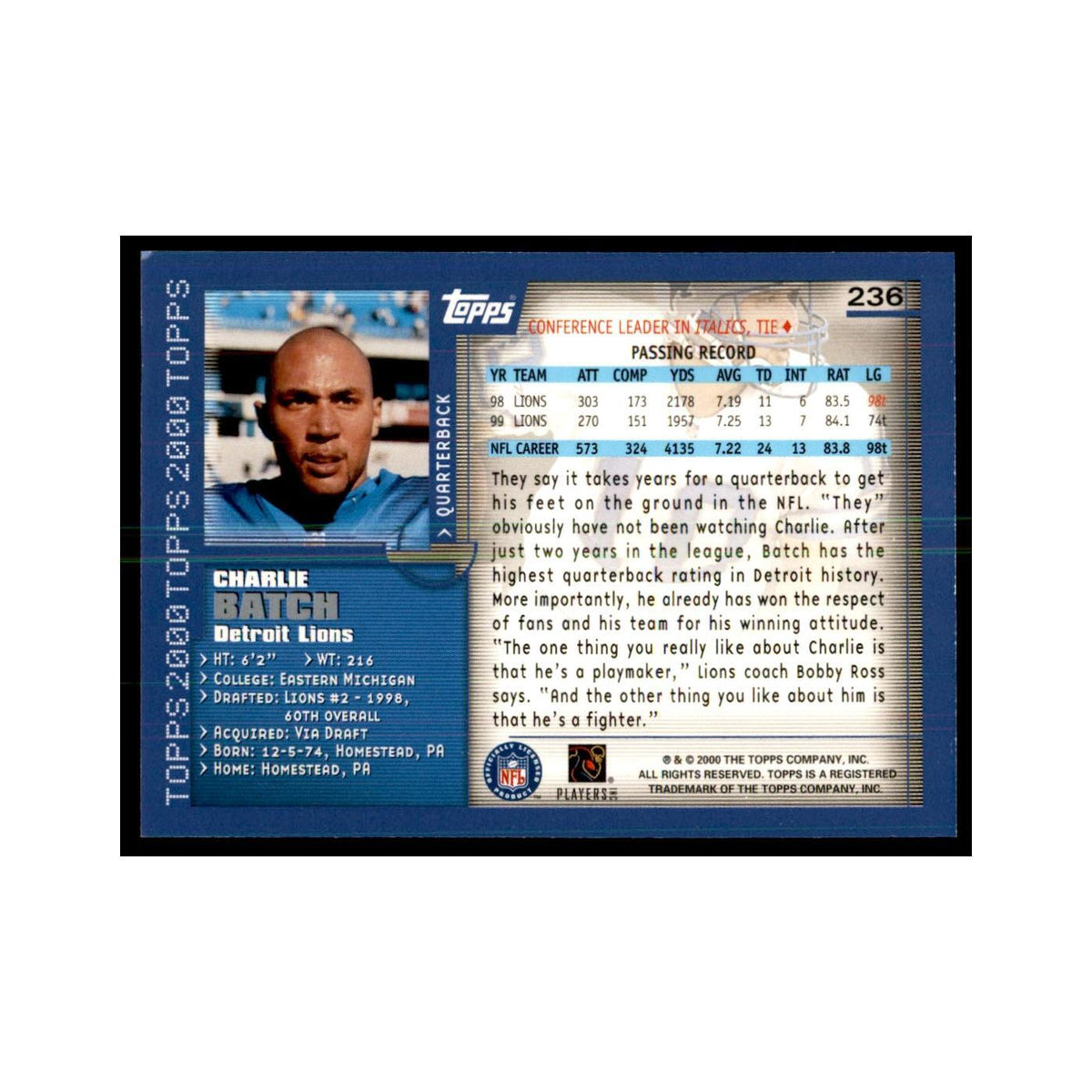 Charlie Batch 2000 Topps #236 Football Cards Football Card NM