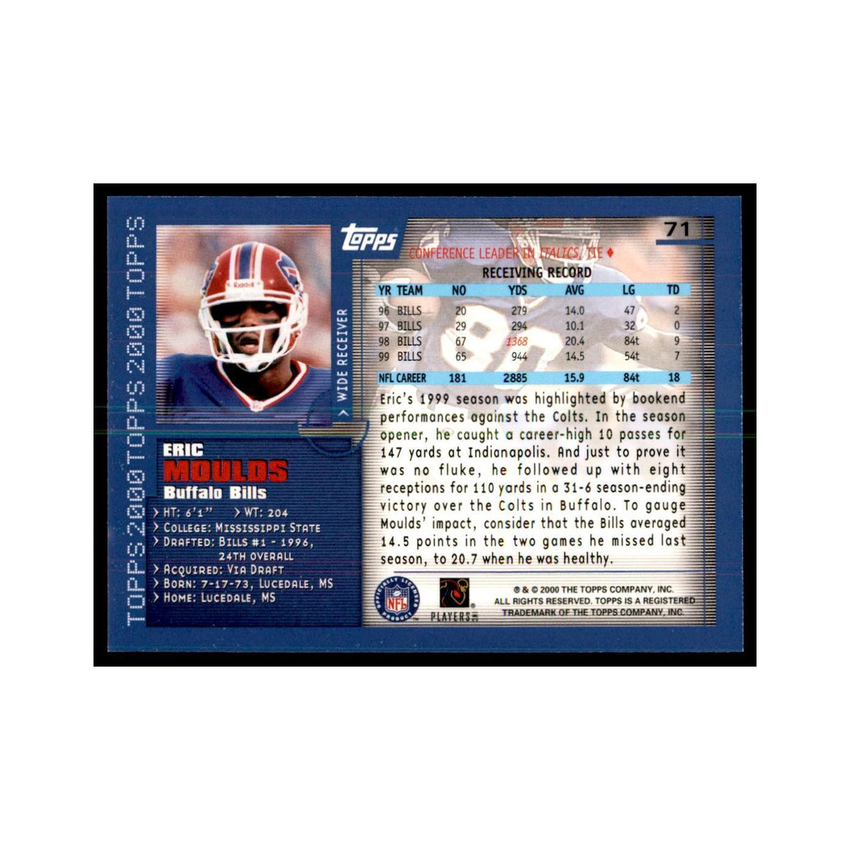 Eric Moulds 2000 Topps #71 Football Cards Football Card NM