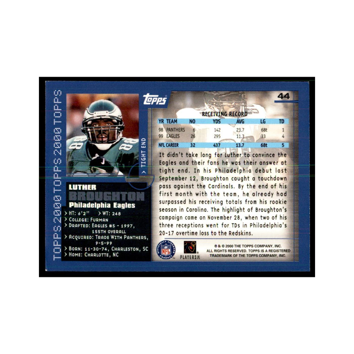Luther Broughton 2000 Topps #44 Football Cards Football Card NM