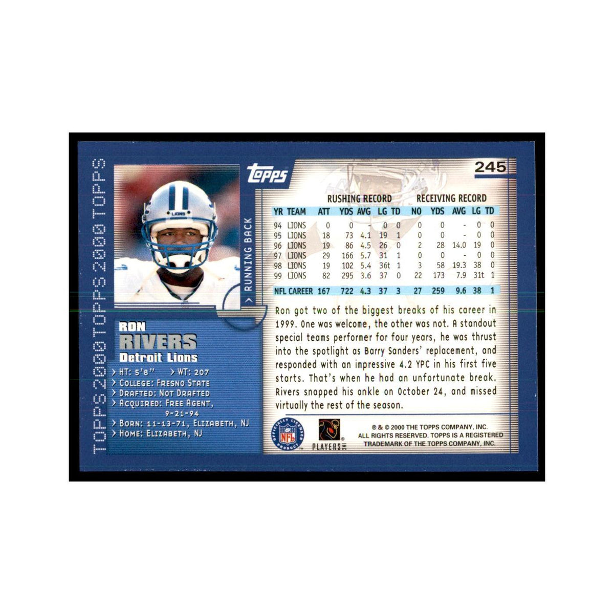 Ron Rivers 2000 Topps #245 Football Cards Football Card NM