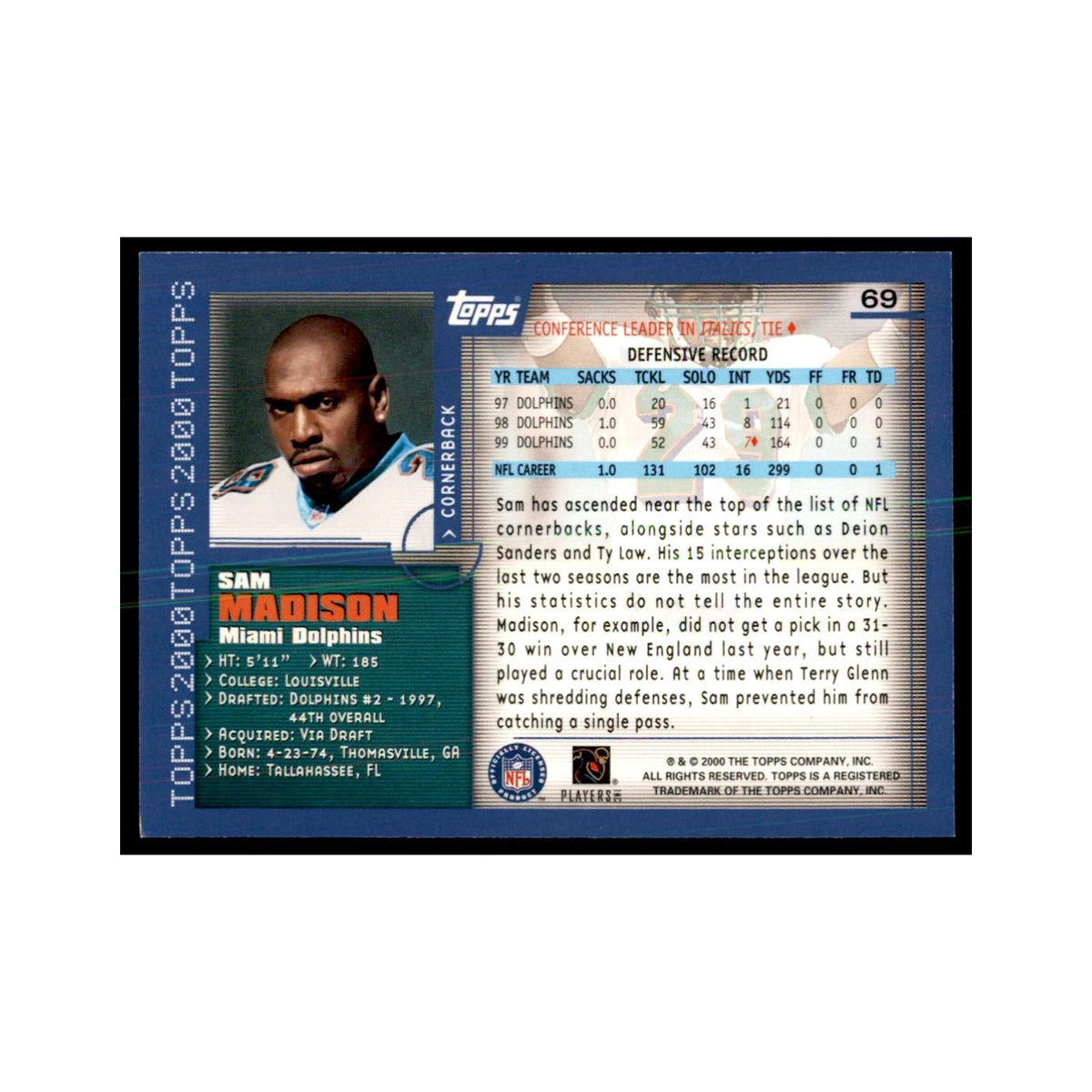 Sam Madison 2000 Topps #69 Football Cards Football Card NM