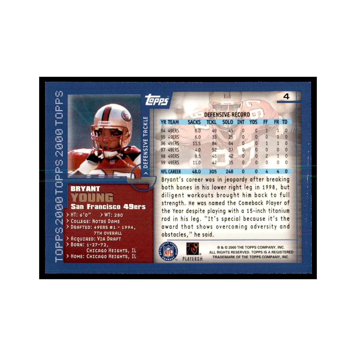Bryant Young 2000 Topps #4 Football Cards Football Card NM