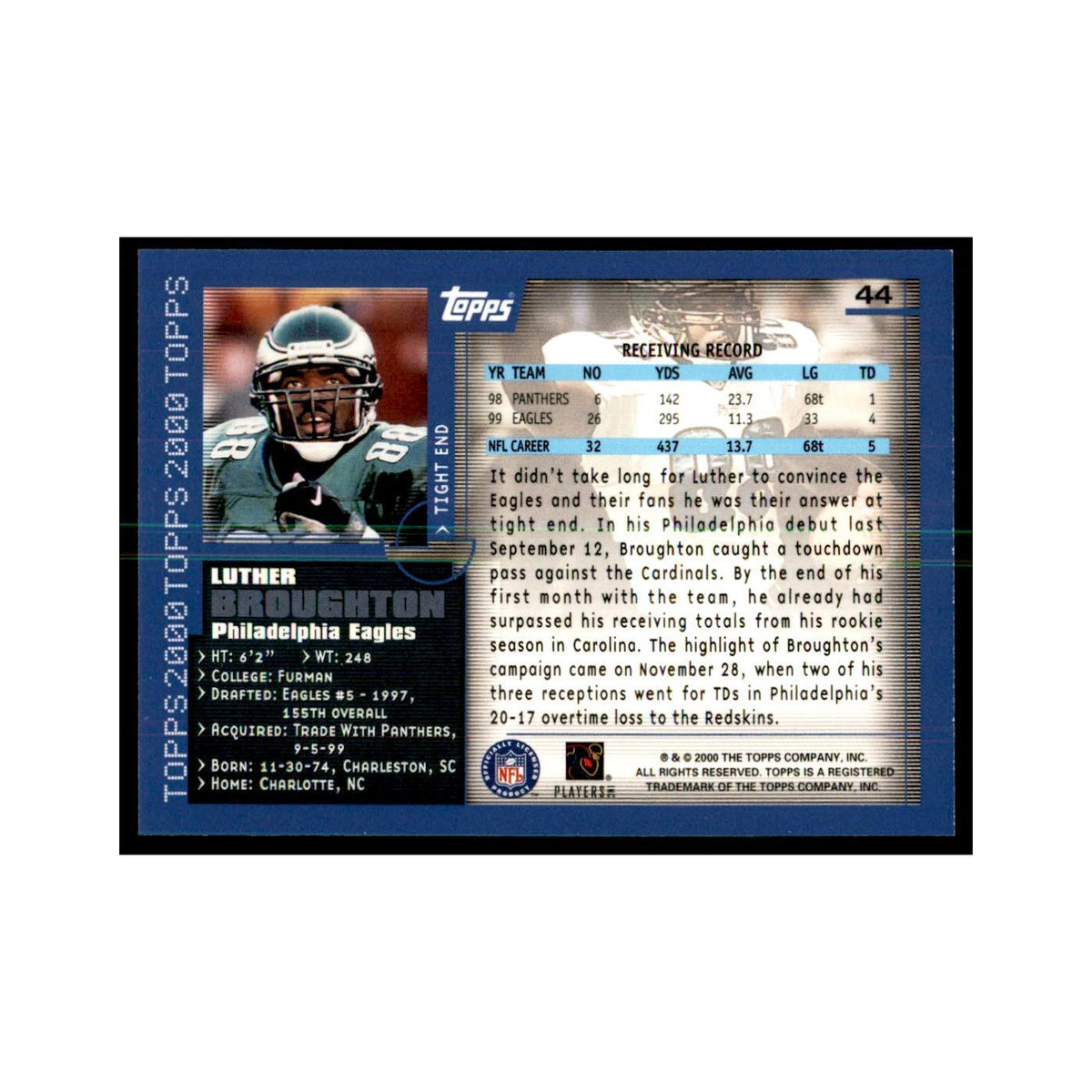 Luther Broughton 2000 Topps #44 Football Cards Football Card NM