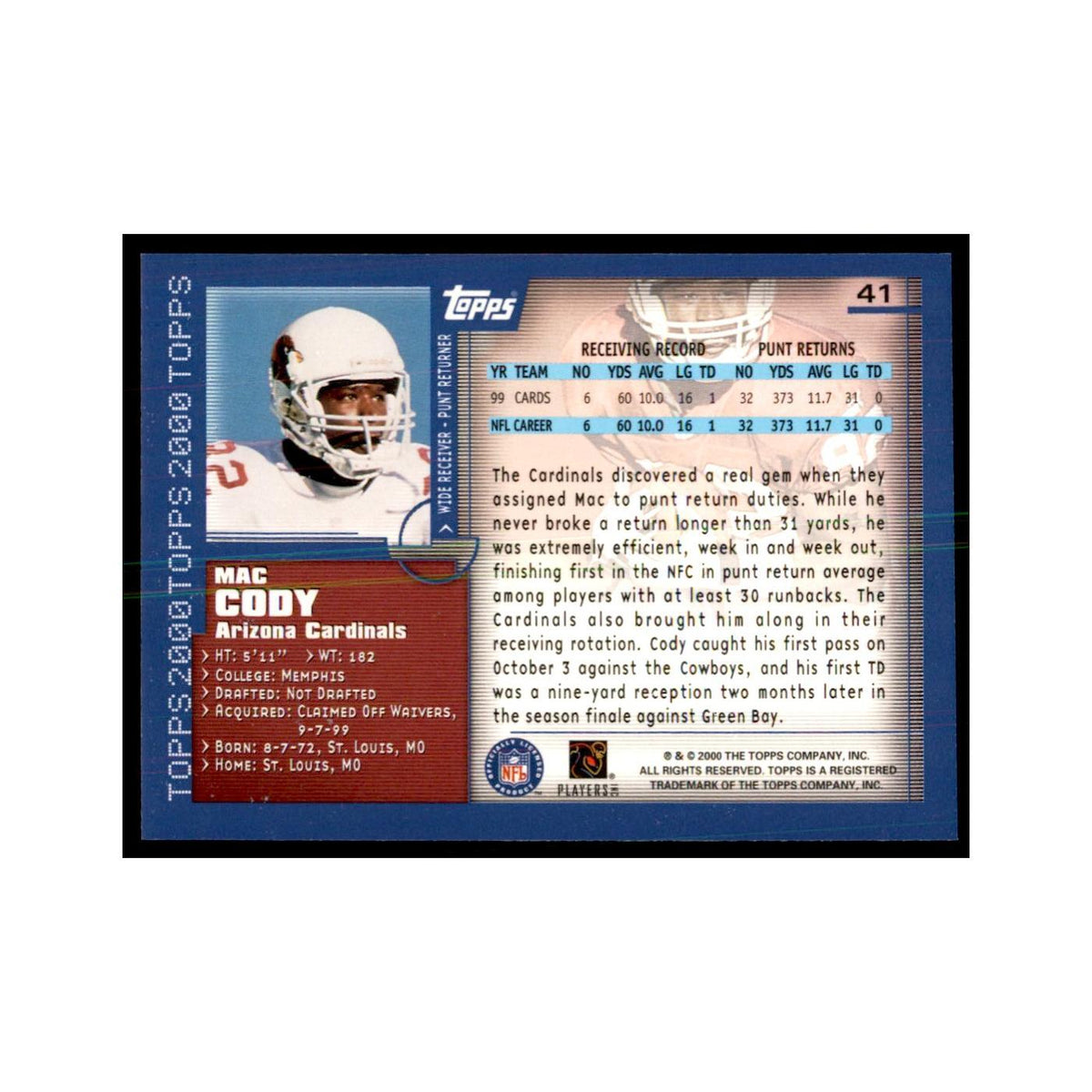 Mac Cody 2000 Topps #41 Football Cards Football Card NM