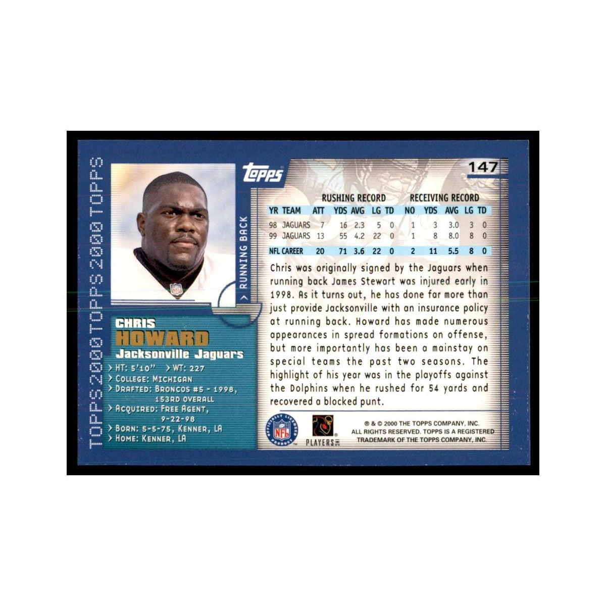 Chris Howard 2000 Topps #147 Football Cards Football Card NM